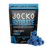 Jocko Fuel Hydrate blue raspberry packet dissolving in water for hydration
