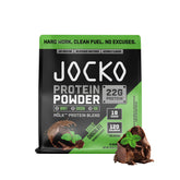 Jocko Fuel mint chocolate whey powder bottle—great daily protein source.