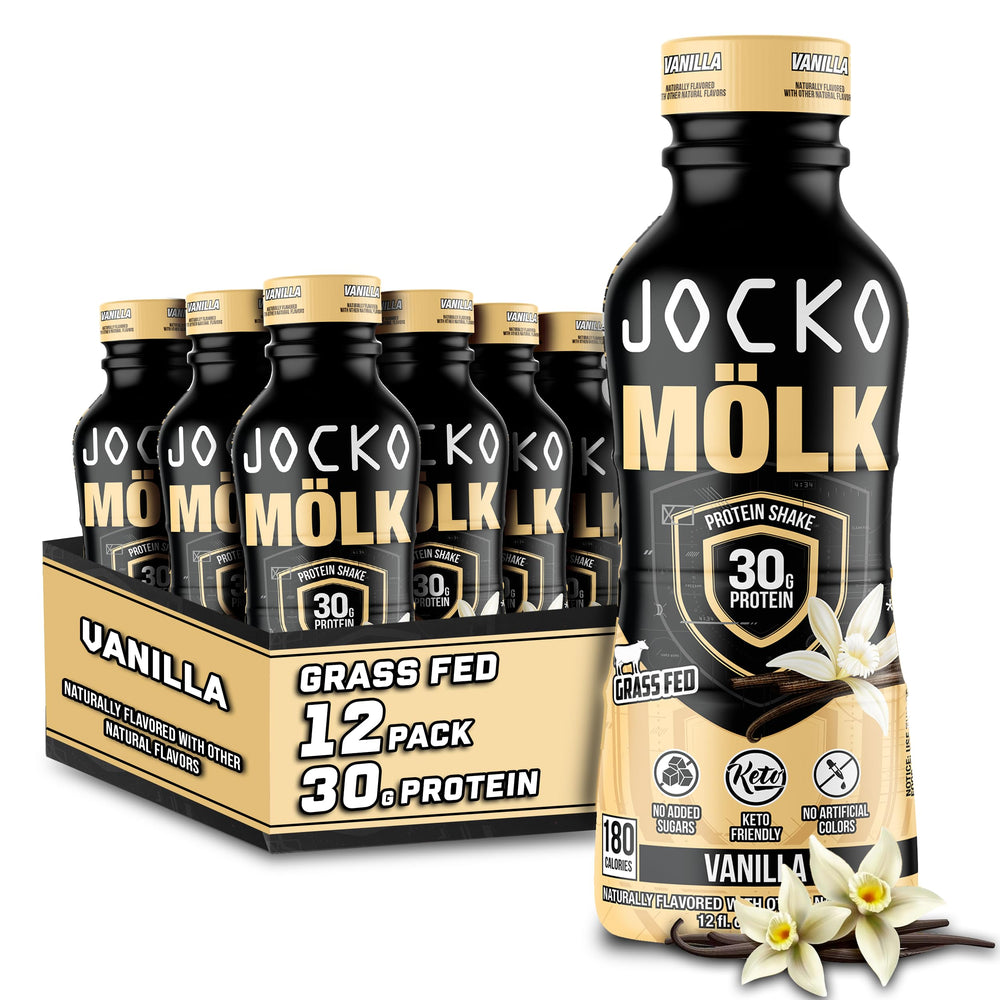 Jocko Mölk vanilla bottle close-up, creamy texture for post-workout recovery.