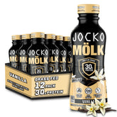 Jocko Mölk vanilla bottle close-up, creamy texture for post-workout recovery.