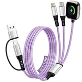 Jogrytece purple braided 3-in-2 USB cable for iPhone and iWatch, travel charging.