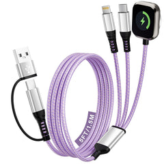 Jogrytece purple braided 3-in-2 USB cable for iPhone and iWatch, travel charging.