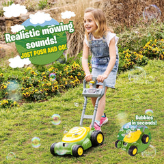John Deere Bubble Lawn Mower displays mechanical sounds for imaginative farming play.