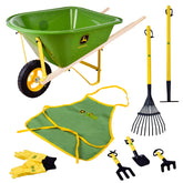 John Deere Deluxe wheelbarrow with metal frame and wooden handles for sturdy outdoor play.
