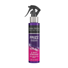 John Frieda Frizz Ease 3 Day Straight bottle demonstrates keratin-based heat protection for sleek styling.