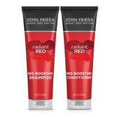 John Frieda Radiant Red shampoo bottle with pour demonstrates color protection while washing