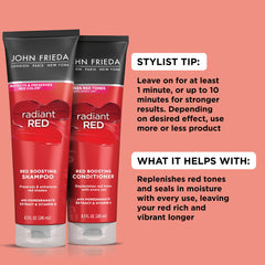 John Frieda Radiant Red shampoo container closeup highlights hydrating formula for vibrant red tones