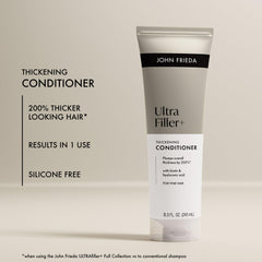 John Frieda ULTRAfiller+ system graphic shows shampoo, conditioner, and spray for thicker hair.