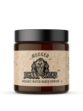 Johnny Slicks water-based pomade jar showing strong hold and high shine for a sleek look.