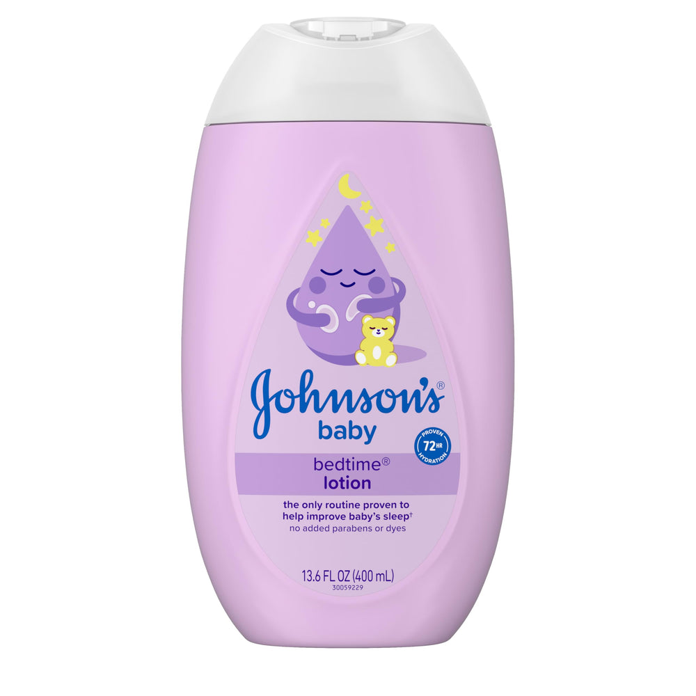 Johnson's Baby Bedtime Lotion bottle front highlighting calming NaturalCalm aroma for relaxed evenings
