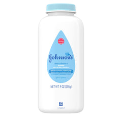 Johnson's Baby cornstarch powder packaging with Aloe and Vitamin E for delicate skin
