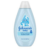 Johnson's Baby Fluffy Bubbles bottle pour creates big, fluffy bubbles for gentle cleansing.