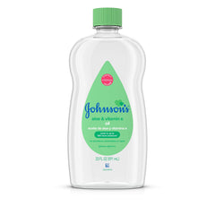 Johnson's Baby Oil bottle close-up showing a gentle formula for delicate skin.