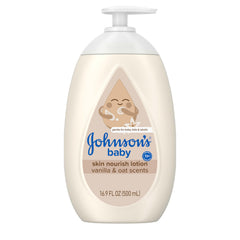 Johnson's Skin Nourishing Baby Lotion vanilla bottle for gentle, long-lasting hydration.