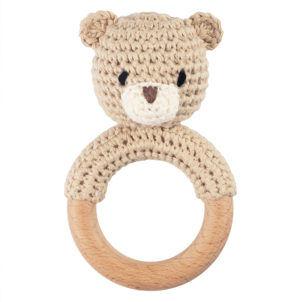 Joliecraft Safari bear rattle with crochet texture and soft sound for newborns