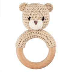 Joliecraft Safari bear rattle with crochet texture and soft sound for newborns
