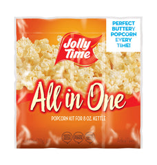 JOLLY TIME All-in-One kernel pack offers consistent portions for quick popping.