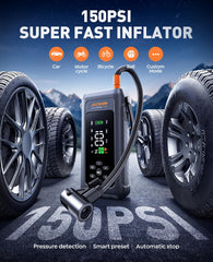 Joltekon air pump 150psi inflates tires fast for roadside relief.