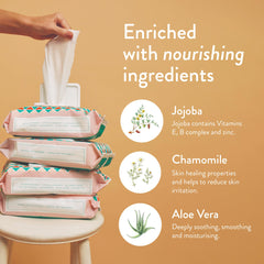 JOONYA Aloe Vera, Chamomile, and Jojoba in wipe close-up.