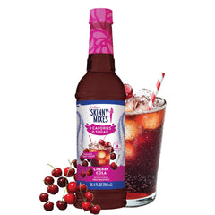 Jordan's Skinny Mixes Cherry Cola syrup bottle pouring into a glass for sugar-free flavor.