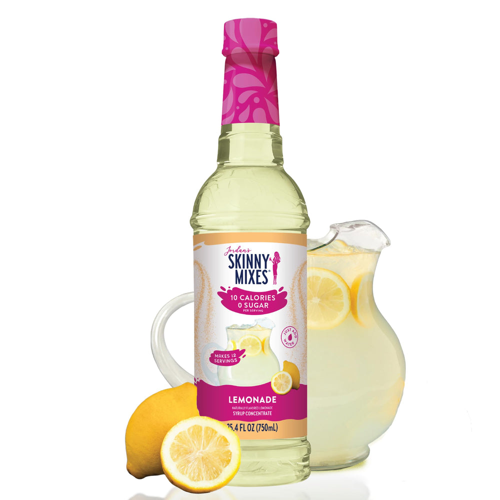 Jordan's Skinny Mixes lemonade syrup bottle highlights zero calorie flavor