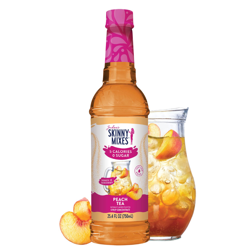 Jordan's Skinny Mixes Peach Tea Syrup bottle for zero-calorie flavoring.