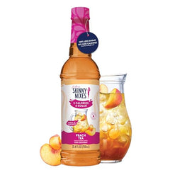 Pouring Jordan's Skinny Mixes Peach Tea Syrup into a drink for flavor.