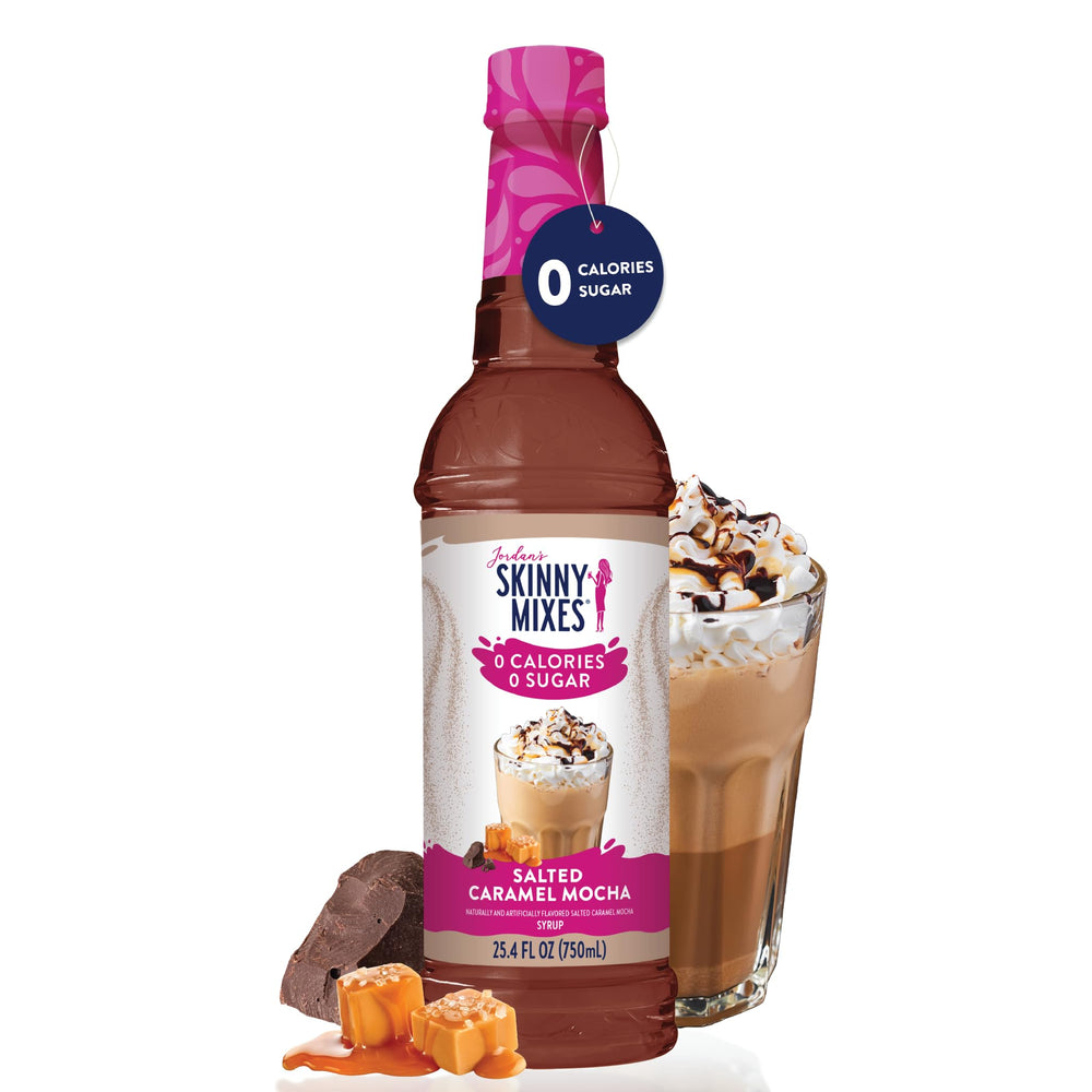 Jordan's Skinny Mixes Salted Caramel Mocha syrup bottle showcases zero-calorie café flavor.