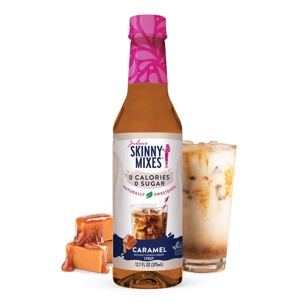 Jordan's Skinny Mixes caramel syrup bottle pour enhances coffee with sugar-free sweetness