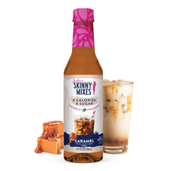 Jordan's Skinny Mixes caramel syrup bottle pour enhances coffee with sugar-free sweetness
