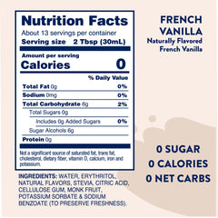 Jordan's Skinny Mixes French Vanilla syrup bottle label highlights natural sweeteners and zero calories