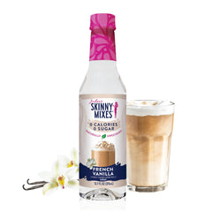 Jordan's Skinny Mixes sugar free French Vanilla syrup bottle pour enhances coffee flavor with zero sugar