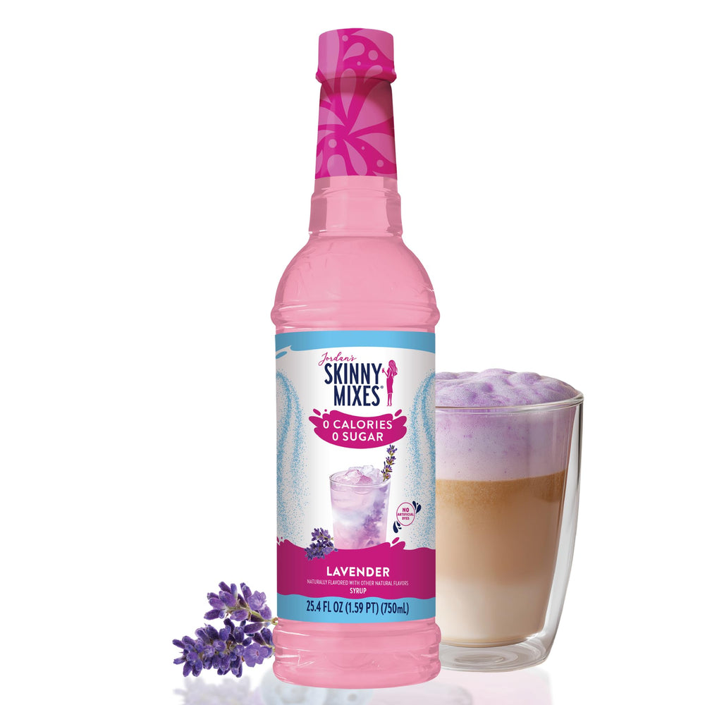 Jordan's Skinny Mixes Lavender Syrup bottle shows zero sugar flavor potential.