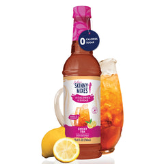Pouring Jordan's Skinny Mixes Sugar Free Syrup Sweet Tea into a glass for refreshing taste