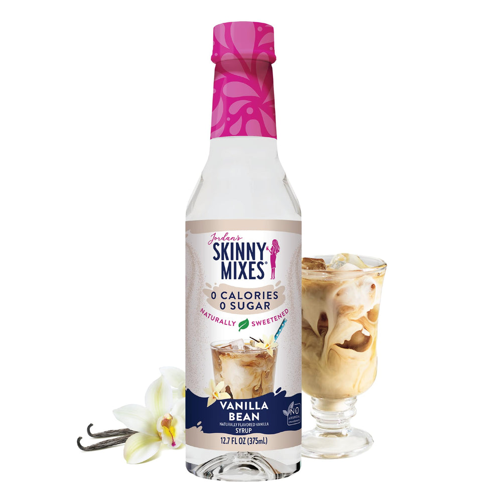 Jordan's Skinny Mixes vanilla bean syrup being poured for rich, sugar-free coffee
