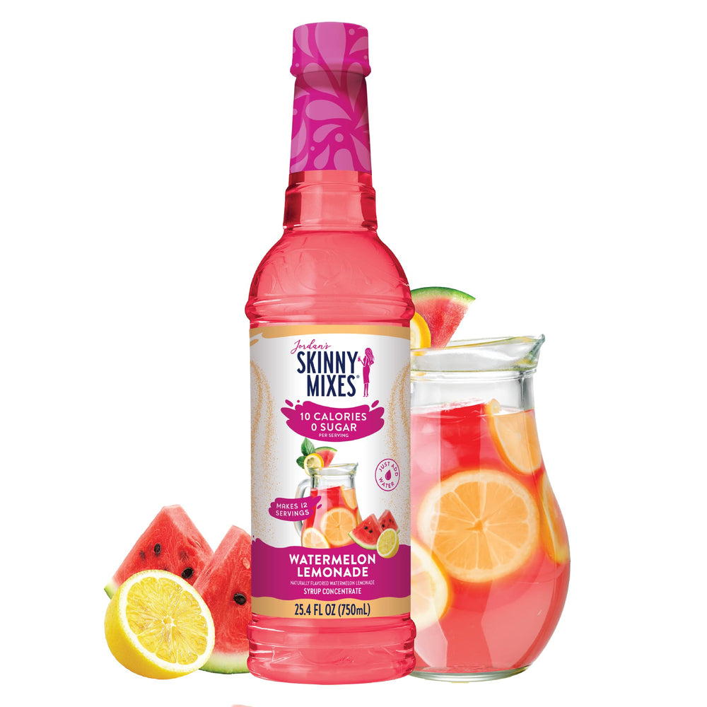 Jordan's Skinny Mixes Watermelon Lemonade Syrup bottle shows zero sugar and bold flavor