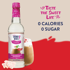 Pouring Jordan's Skinny Mixes white chocolate peppermint syrup to sweeten drinks without sugar.