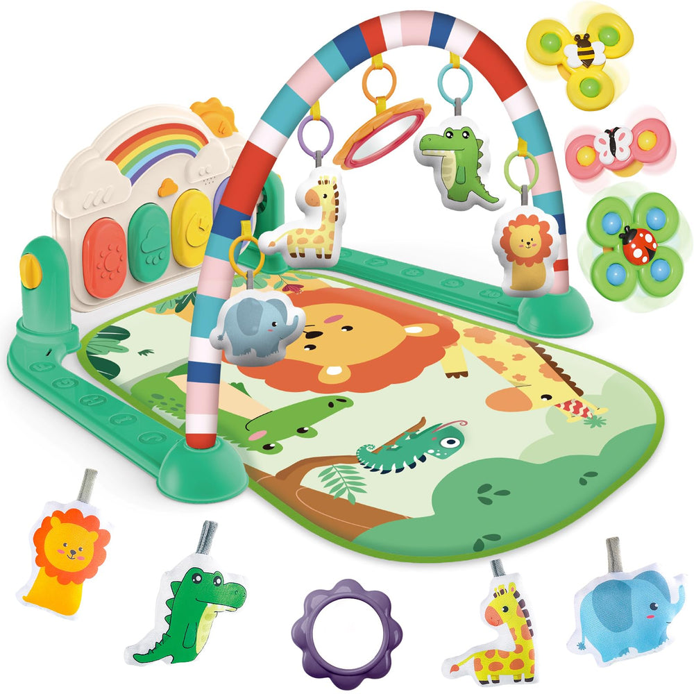 Joryuek baby gym with piano play mat in green, inviting tummy-time fun and exploration.