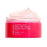 Josie Maran Whipped Argan Pro-Retinol Body Butter jar closeup for smooth, hydrated skin.
