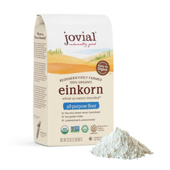 Jovial Einkorn Flour bag showcasing organic, high-protein flour for baked bread.