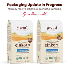 Ingredient bowl with Jovial Einkorn flour highlighting nutritious, non-GMO mix.