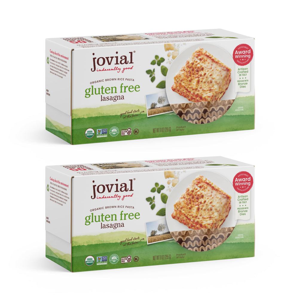 Jovial gluten-free lasagna noodles pack shot shows a trusted brand for gluten-free meals.