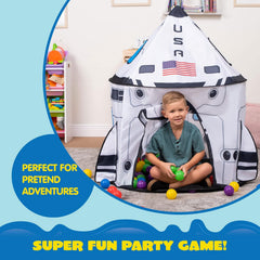 JOYIN rocket ship play tent folded poles demonstrates portable storage and quick packing.