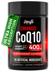JOYLI Nutrition CoQ10 400 mg softgels bottle visible for daily circulatory support potential.