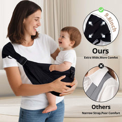 JOYNCLEON baby sling ergonomic strap detail highlights wide support for caregiver comfort.