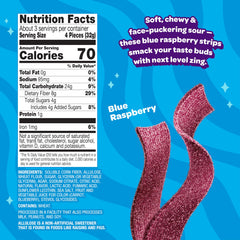 JOYRIDE Sour Strips texture close-up highlighting chewy blue raspberry flavor