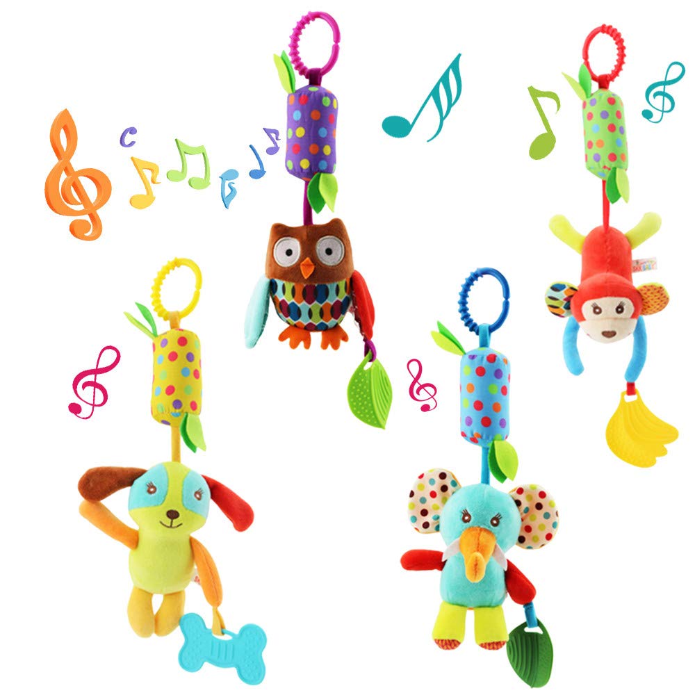 Joyshare elephant hanging rattle promotes stroller play with a gentle crinkle.