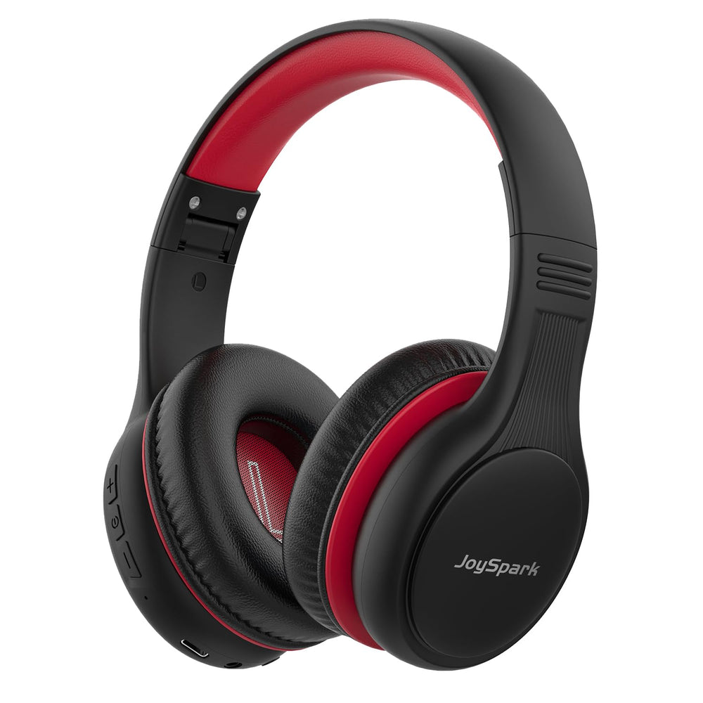 JoySpark kids Bluetooth headphones in black and red, foldable for travel and comfort.