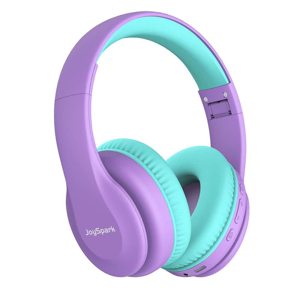 JoySpark kids headphones with purple ear cushions for comfortable listening.