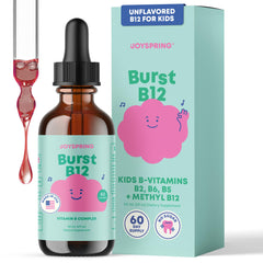 JoySpring Burst B12 Drops bottle shows sugar-free, flavorless vitamin blend for kids.